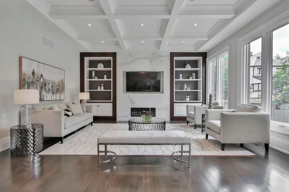 Living room with coffered ceiling painted by Master Painting Inc.